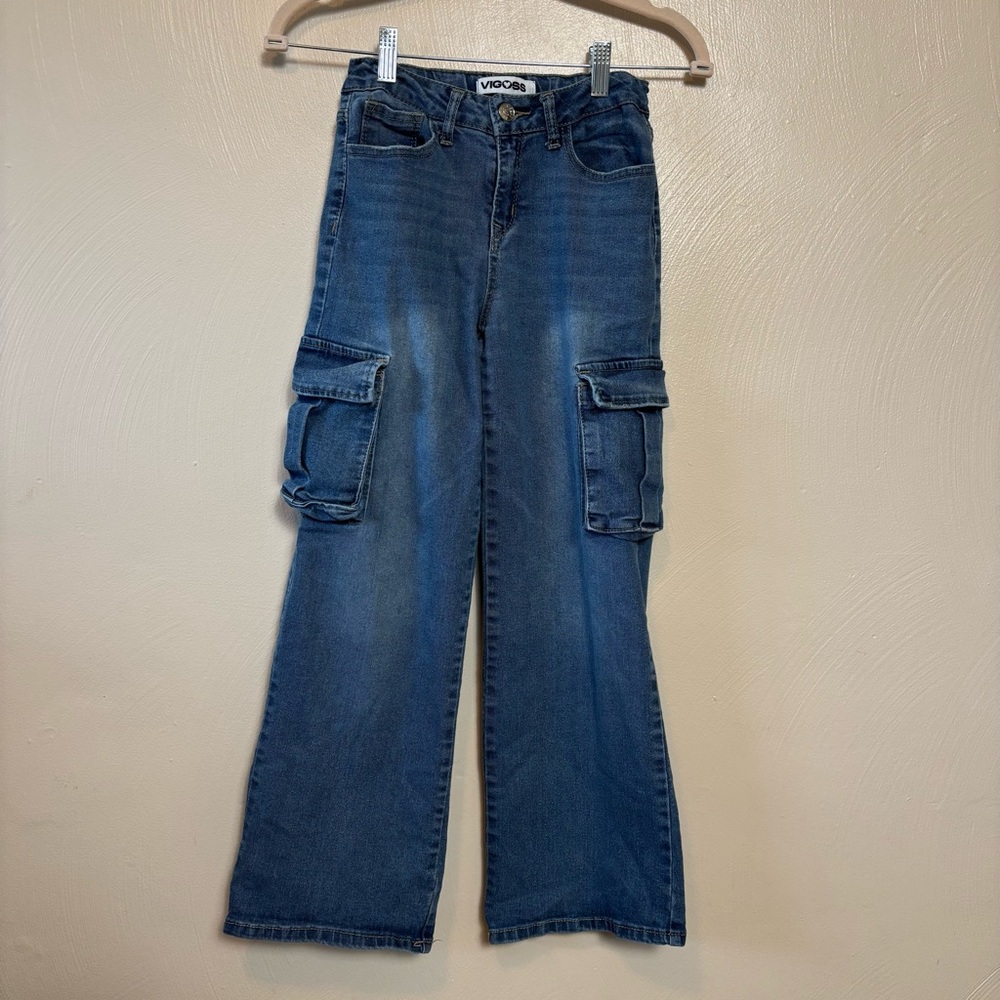 Vigoss Girls Jeans Royce Wide Leg High Rise Cargo Adjustable Waist Size 12